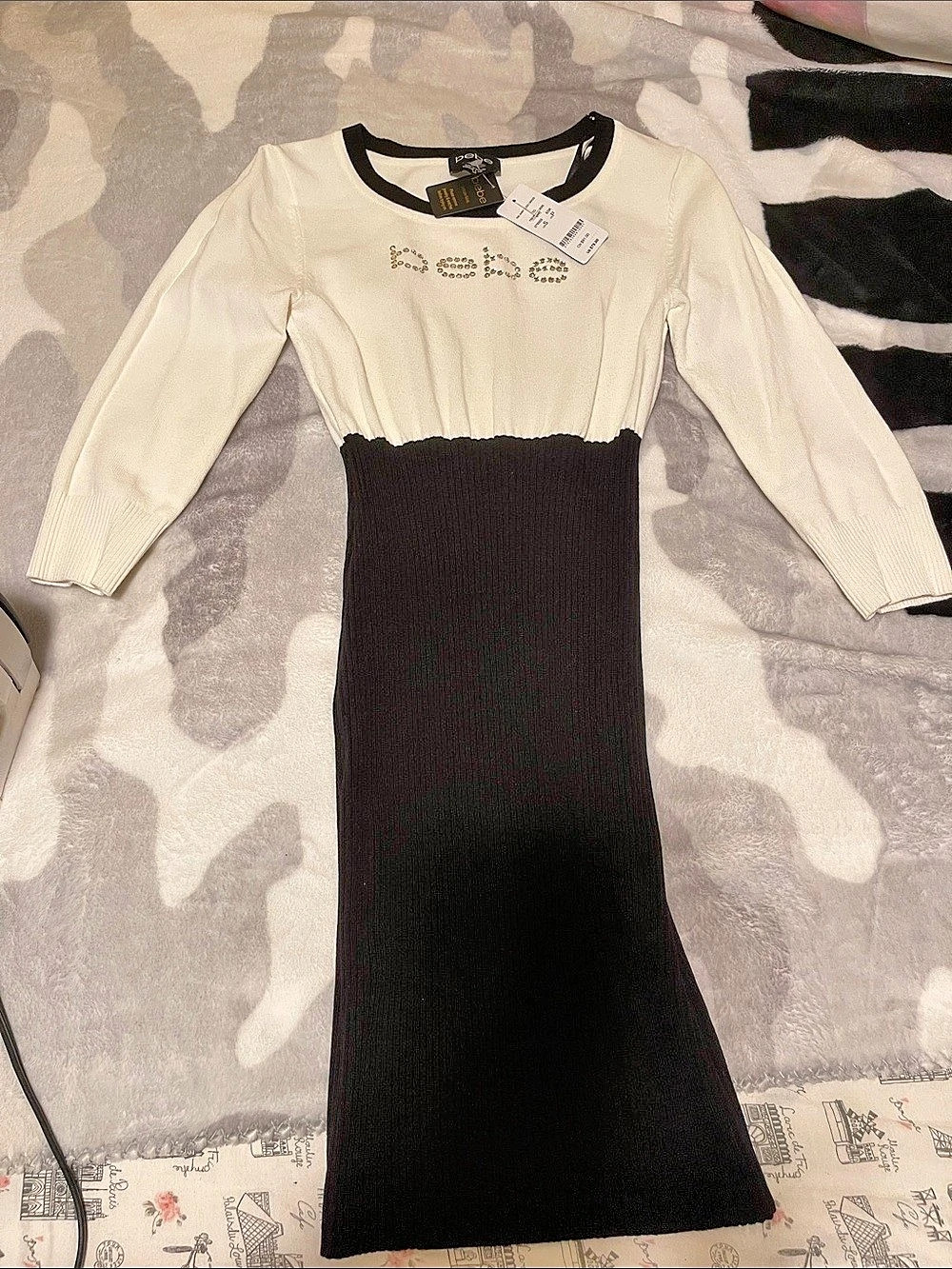 bebe Rib Skirt Logo Dress Ribbed Maxi Dress Black & Cream Small